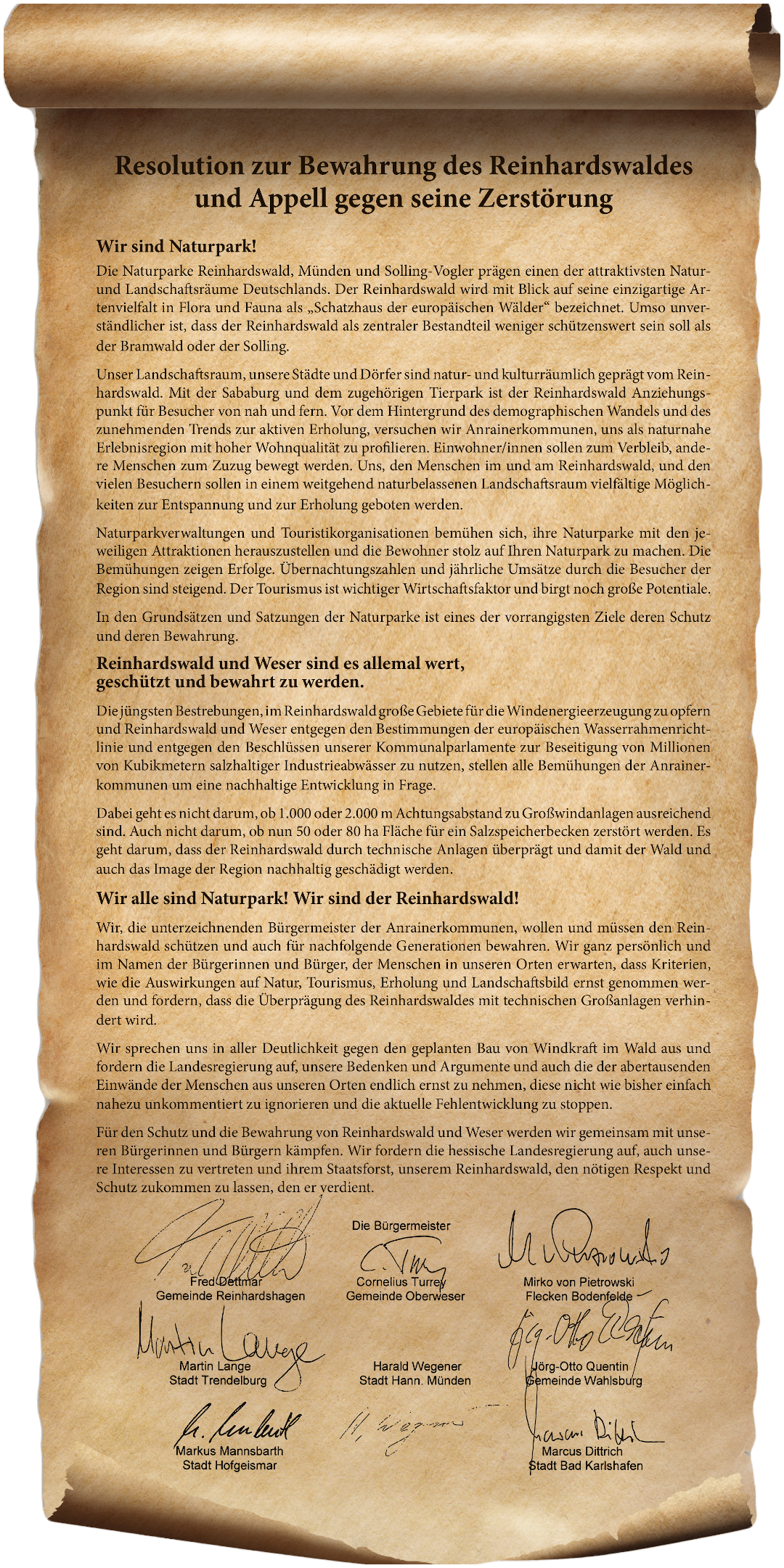 Resolution zur Bewahrung des Reinhardswaldes und Appell gegen seine Zerstörung